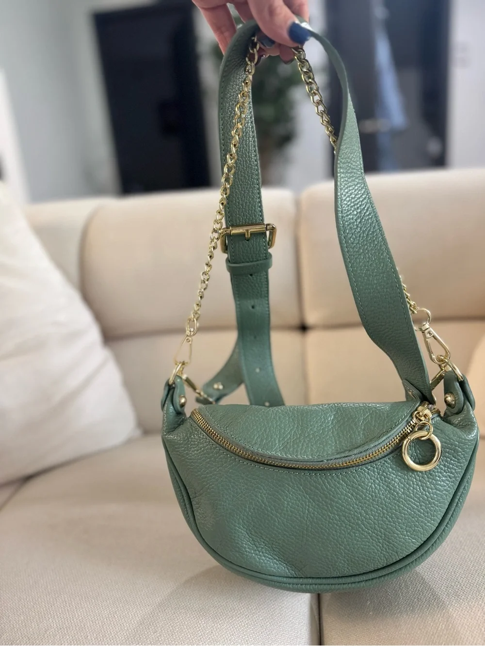 Green Leather Crescent Crossbody Bag with Gold Chain